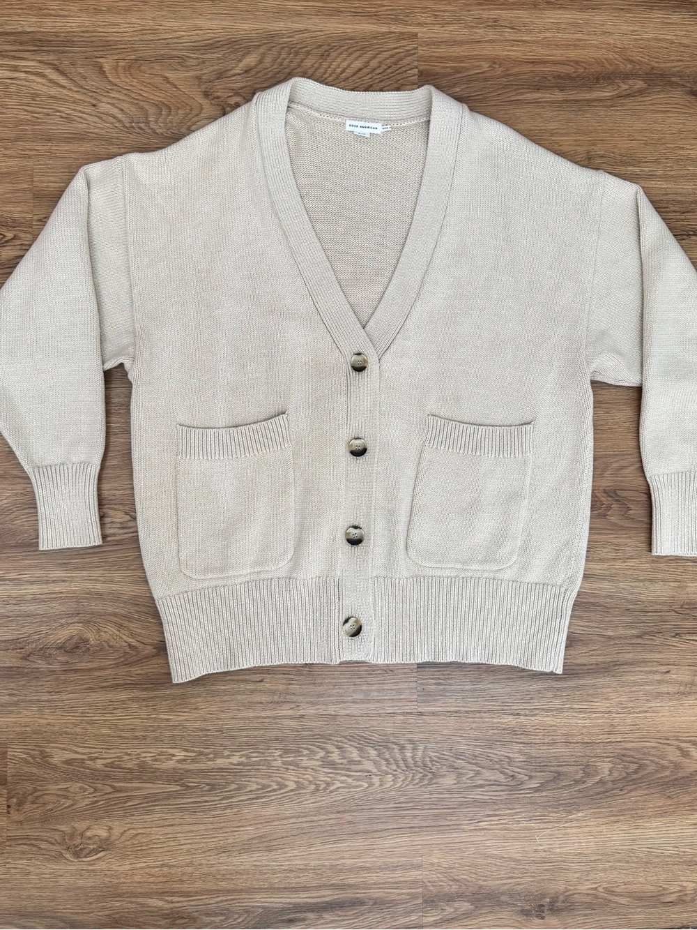 Good American Beige V-Neck Button Front Cardigan